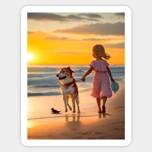 girl playing with a dog on the beach. Sticker